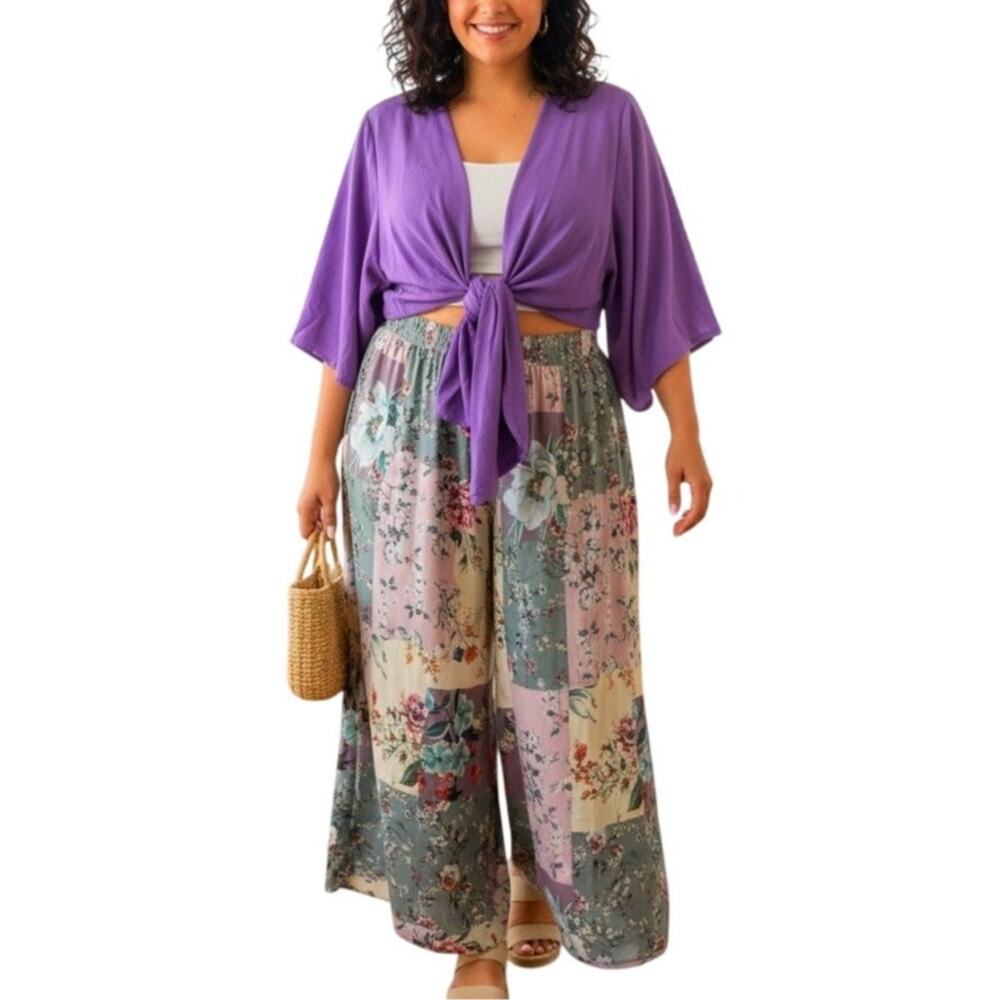 NEW Women's Plus 2 Piece V-Neck Twist Crop Top, Floral Pleated Wide Leg Pant XXL
